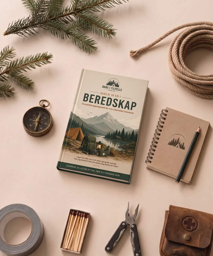 Boken 'Hjelp, vi er i beredskap' liggende flatt på en lys bakgrunn, omringet av diverse overlevelsesutstyr som kompass, tau, fyrstikker, multiverktøy og gaffateip.